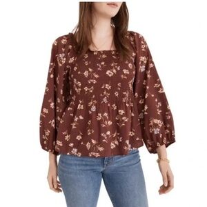 Madewell Red Smocked Top Floral Peplum Blouse with Balloon Sleeves Lucie